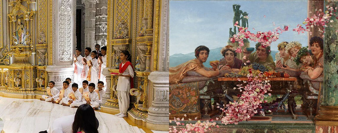 Publiek in de persfoto van het bezoek van Rishi Sunak aan een hondoetempel in India en in een schilderij van Lawrence Alma-Tadema